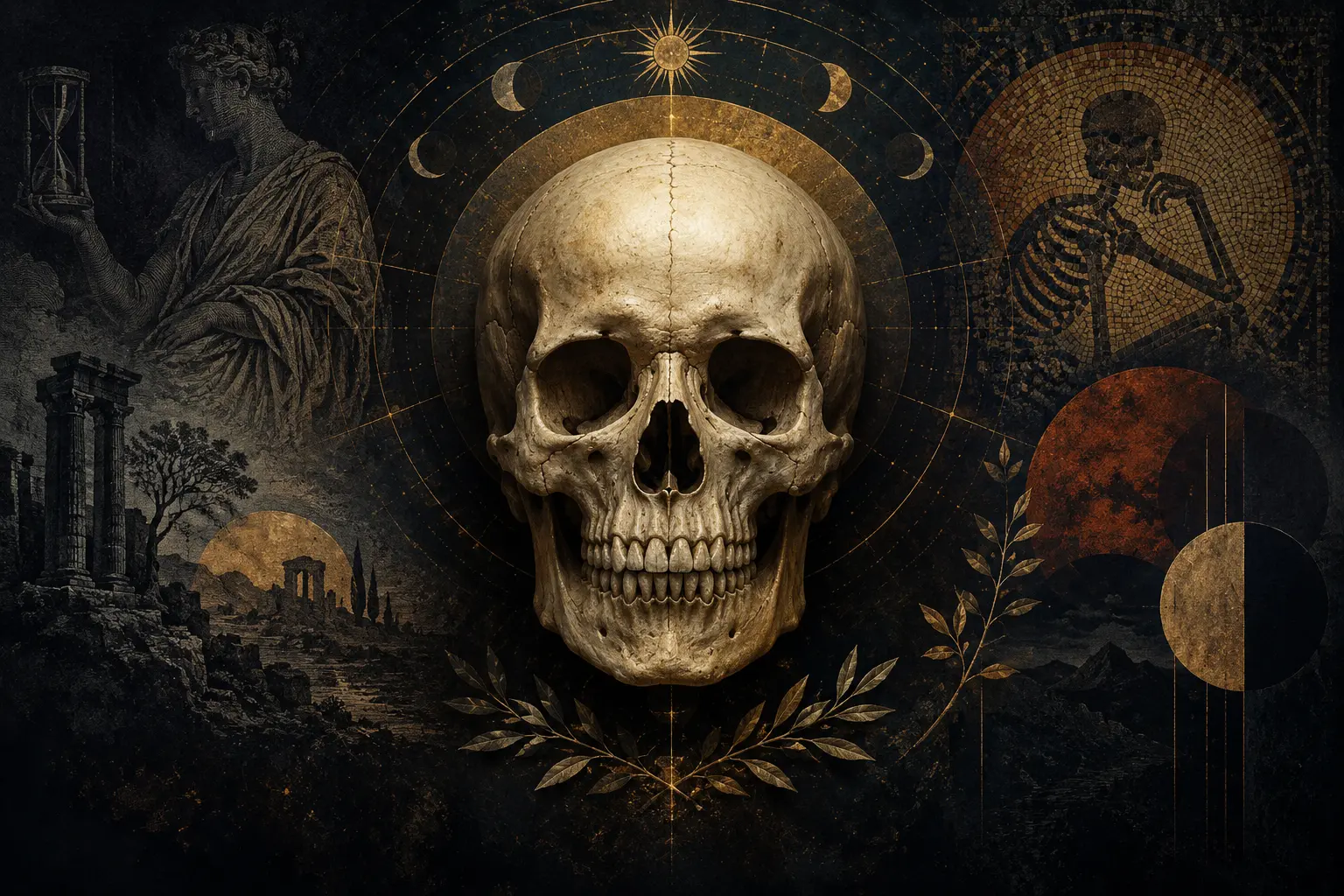 Calavera central rodeada por motivos históricos y geométricos
